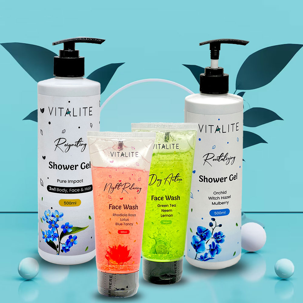 Combo 5 : 1pc Active Face Wash + 1pc Night Relaxing Face Wash + 1pc 3 in 1 Shower Gel + 1pc Revitalizing Shower Gel